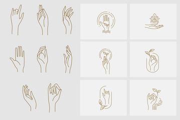Fototapeta Vector icon and logo with hand for natural cosmetics and care dry skin. Editable outline stroke size. Line flat contour, thin and linear design. Simple icons. Concept illustration. Sign, symbol obraz