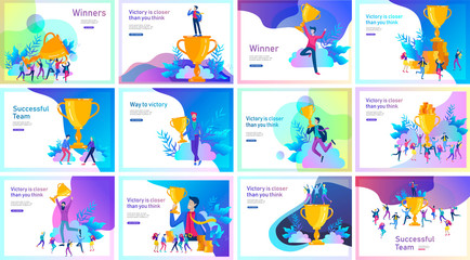 Business Team Success hold Golden winner cup, concept of people are happy with victory. Office Workers Celebrating with Big Trophy, ways goals, first place in business, financial growth. Landing page