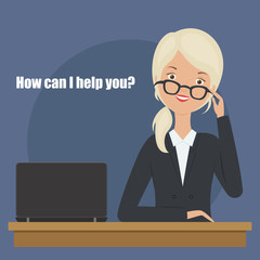 Young blond woman asking "how can I help you?".