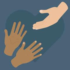 White hand reaching two black skin hands.