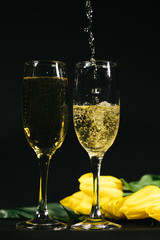 Elegant glasses of yellow champagne and yellow tulips on black background
