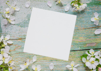 Spring frame of white flowers and paper sheet on blue wooden background