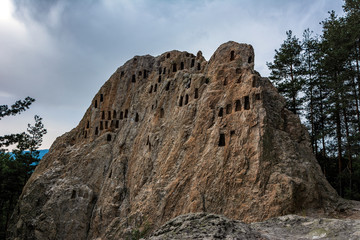 Fototapeta na wymiar Thracian sanctuary Eagle Rocks or Orlovi Skali near town of Ardino in Rhodopes mountain, Kardzhali Region, Bulgaria