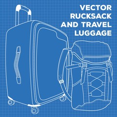 Blueprint of Suitcase or travel luggage and rucksack isolated on white background. Vector illustration.