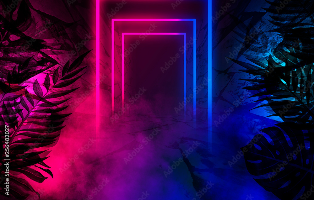 Poster Empty scene background, abstract background with multicolored bokeh and neon lights. Silhouettes of tropical leaves