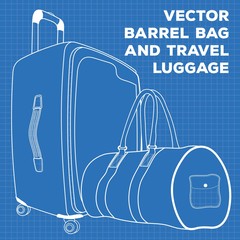 Blueprint of Suitcase or travel luggage and barrel bag isolated on white background. Vector illustration.