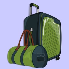 Suitcase or travel luggage and barrel bag isolated on white background. Vector illustration.