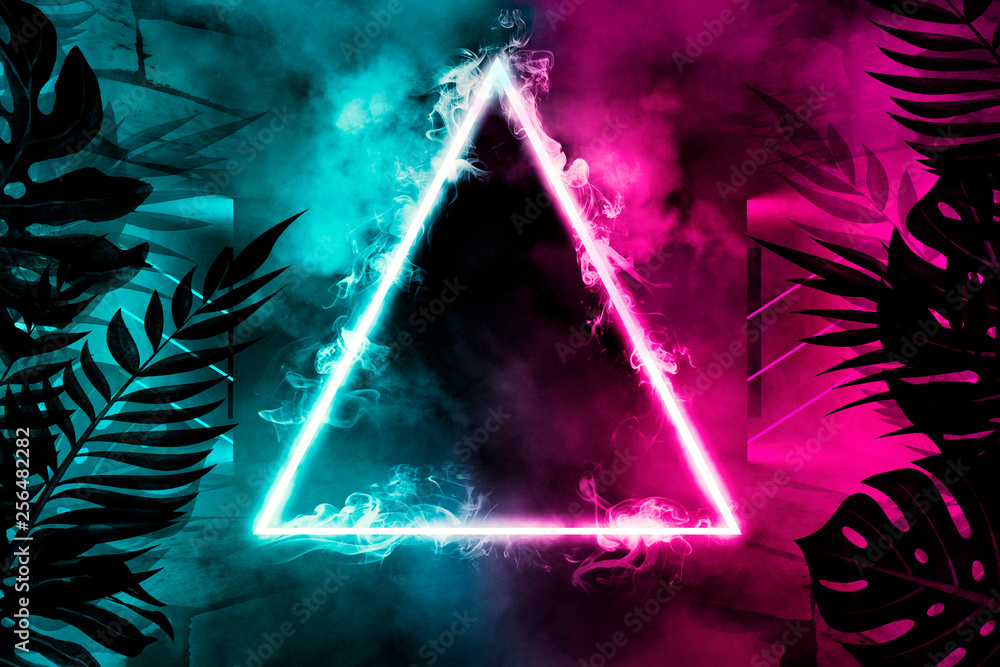 Poster empty scene background, abstract background with multicolored bokeh and neon lights. silhouettes of 