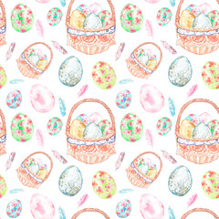 Watercolor Easter seamless pattern. Hand painted symbols of spring holidays- Easter basket with eggs, colorful eggs collection, bird feather on white background. For cards, textile, packaging design.