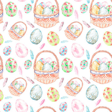 Watercolor Easter seamless pattern. Hand painted symbols of spring holidays- Easter basket with eggs, colorful eggs collection, bird feather on white background. For cards, textile, packaging design.