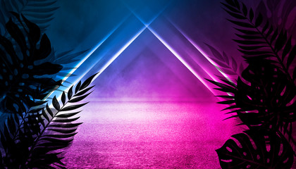 Empty scene background, abstract background with multicolored bokeh and neon lights. Silhouettes of...