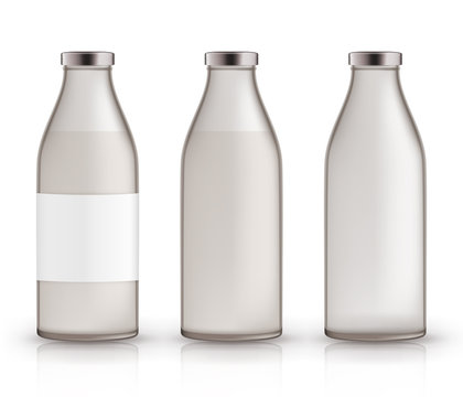 Empty, full, closed cans for milk. Realistic glass bottles with drink, label. 3D vector layout, mockup, template for packaging, advertising, promo, logo, icon, magazine, poster, page, web design.