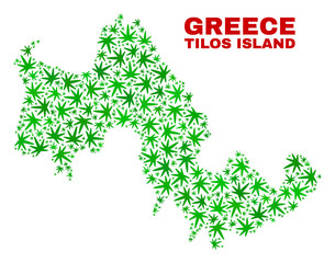 Vector marijuana Tilos Island map collage. Template with green weed leaves for weed legalize campaign. Vector Tilos Island map is organized with weed leaves.