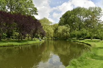 Fototapeta na wymiar Le chenal principal et ses reflet de la nature luxuriante au domaine provincial de Vrijbroekpark à Malines