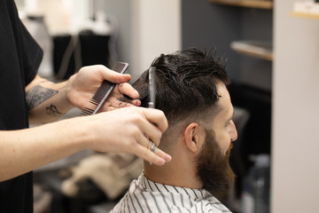 Handsome bearded man, having hair cut by scissors at barber shop .
