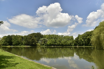 Cumulus de beau temps au dessus de bois se reflétant dans l'étang principal du domaine provincial de Vrijbroekpark à Malines