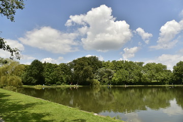 Fototapeta premium Cumulus de beau temps au dessus de bois se reflétant dans l'étang principal du domaine provincial de Vrijbroekpark à Malines