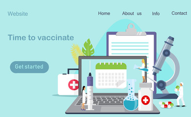 Time to vaccinate. Vector illustration syringe with vaccine, bottle, vaccination calendar and doctors. Modern vector illustration concepts for website and mobile website development, apps is presented