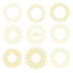 Set of golden sunburst style isolated on white background, Bursting rays vector illustration.