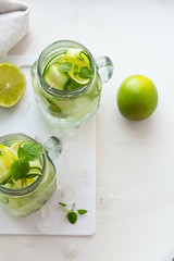 glasses with water, mint, lime and cucumber on a white board top wive