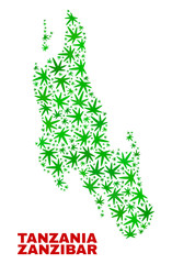 Vector marijuana Zanzibar Island map collage. Concept with green weed leaves for weed legalize campaign. Vector Zanzibar Island map is constructed of marijuana leaves.