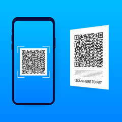 Scan to pay. Smartphone to scan QR code on paper for detail, technology and business concept. Vector illustration.