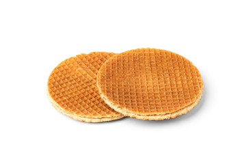 Waffles with caramel filling isolated on white background.