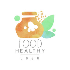 Original watercolor logo with abstract jar and green leaves. Natural eating. Healthy lifestyle. Vector design for vegetarian cafe or organic food products