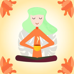 girl with tea, yoga, autumn, leaves