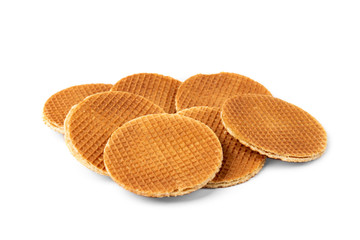Waffles with caramel filling isolated on white background.