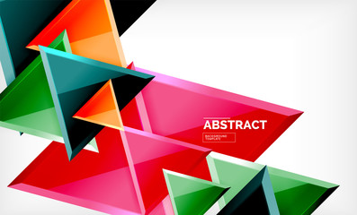Triangles repetiton geometric abstract background, multicolored glossy triangular shapes, hi-tech poster cover design or web presentation template with copy space