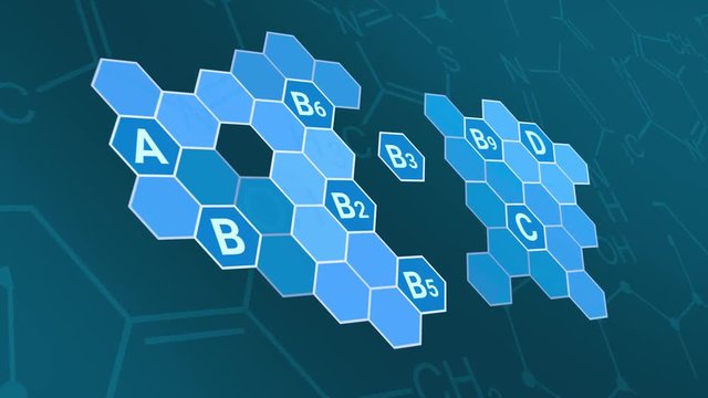hexagon grid with vitamins name, concept of science and medicine (3d render)