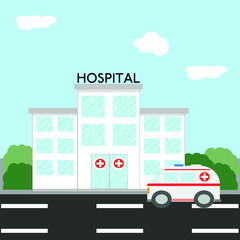 the hospital building with an ambulance. Urban background