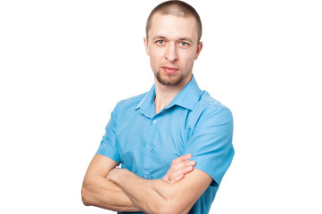 man in blue shirt on white background