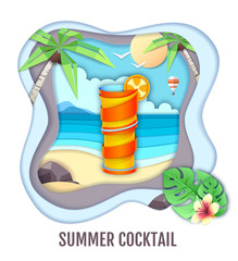 Tropic cocktail on sea beach landscape. Paper cut out art style design