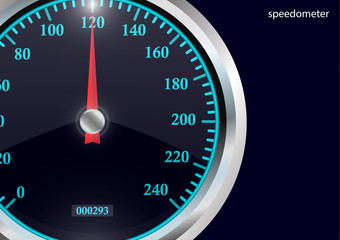 Speedometer. Round black caliber with chrome frame. Bright neon speed indicators. Vector 3d illustration for your design.