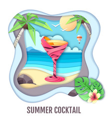 Tropic cocktail on sea beach landscape. Paper cut out art style design