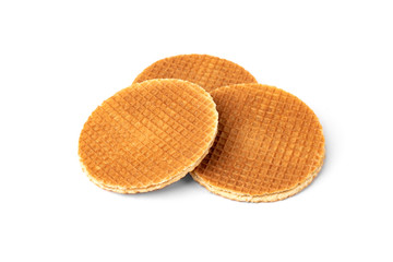 Waffles with caramel filling isolated on white background.