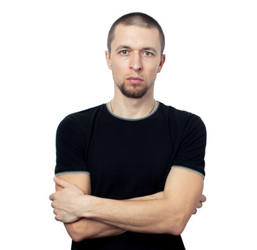 man in black t-shirt on white background