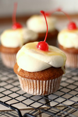Homemade bakery style vanilla delicious sponge cake with white cream frosting and yellow lemon syrup curd  with cherry on top. Candy bar for celebrating partys and birthdays