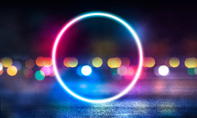 Background of empty stage, room. Reflection on wet pavement, concrete. Neon blurry lights. Neon circle figure in the center, smoke