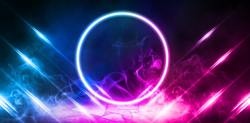 Background of empty stage, room. Reflection on wet pavement, concrete. Neon blurry lights. Neon circle figure in the center, smoke