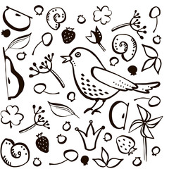 set black outline bird and berry on white background