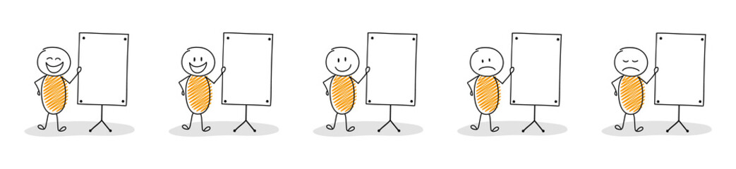 Set of cartoon people with empty whiteboard. Vector
