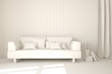 Stylish minimalist room with sofa in white color. Scandinavian interior design. 3D illustration