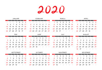 Calendar 2020 template layout, red Concept, business brochure flyer, print media, advertisement, Simple design template, creative vector illustration