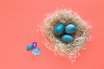 Three blue Easter eggs lie in a nest on a coral background. Toy mermaid hatched from the egg. Top view