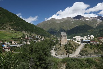Close view of three towers in Adishi village on Mestia to Ushguli trek in Svaneti, Georgia.
