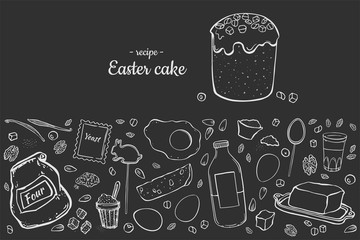 Set of ingredients for easter cupcake. Horizontal composition of objects. White outline on a black background.