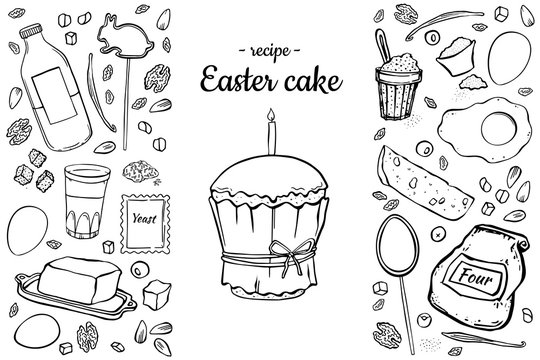Set of ingredients for easter cupcake. Vertical composition of objects.